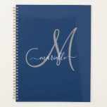 Grey White Monogram Navy Blue Planner<br><div class="desc">Personalized grey and white monogrammed planner with a script font on a navy blue background. Simple elegance.</div>