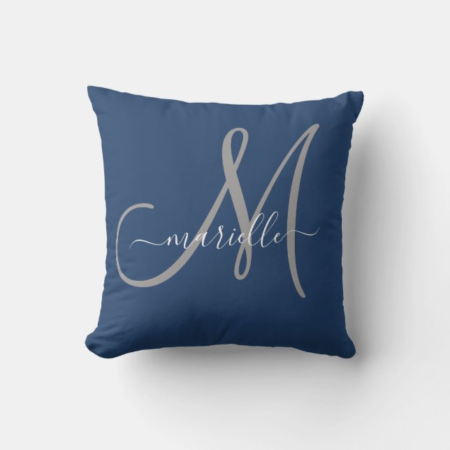 Grey White Monogram Navy Blue Throw Pillow (Front)