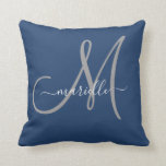 Grey White Monogram Navy Blue Throw Pillow<br><div class="desc">Personalized grey and white monogrammed pillow with a script font on a navy blue background. Simple elegance.</div>