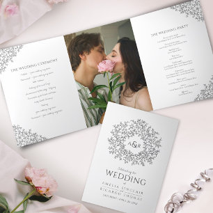 Grey white monogram photo wedding Tri-Fold programme