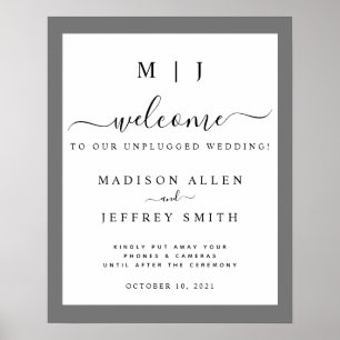 Grey & White Monogram Unplugged Wedding Sign