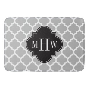 Grey White Moroccan #5 Black 3 Initial Monogram Bath Mat