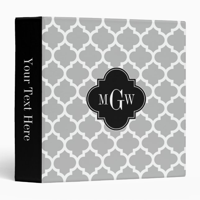 Grey White Moroccan #5 Black 3 Initial Monogram Binder (Front/Spine)