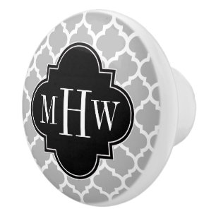 Grey White Moroccan #5 Black 3 Initial Monogram Ceramic Knob
