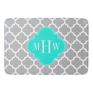 Grey White Moroccan #5 Brt Aqua 3 Initial Monogram Bath Mat