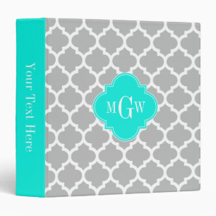 Grey White Moroccan #5 Brt Aqua 3 Initial Monogram Binder