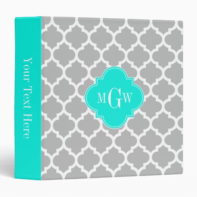 Grey White Moroccan #5 Brt Aqua 3 Initial Monogram Binder (Front/Spine)