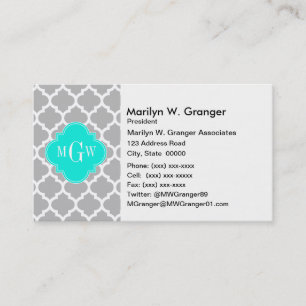 Grey White Moroccan #5 Brt Aqua 3 Initial Monogram Business Card