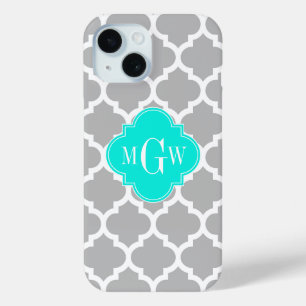 Grey White Moroccan #5 Brt Aqua 3 Initial Monogram iPhone 15 Case