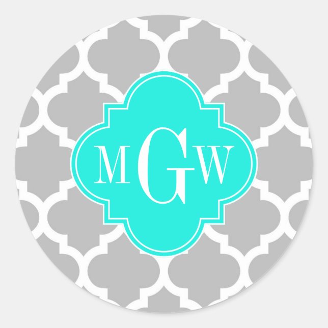 Grey White Moroccan #5 Brt Aqua 3 Initial Monogram Classic Round Sticker (Front)