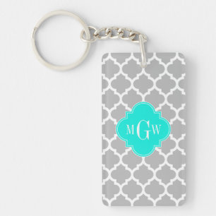 Grey White Moroccan #5 Brt Aqua 3 Initial Monogram Keychain