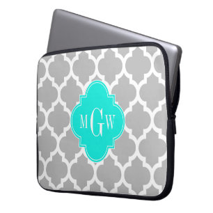 Grey White Moroccan #5 Brt Aqua 3 Initial Monogram Laptop Sleeve