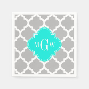 Grey White Moroccan #5 Brt Aqua 3 Initial Monogram Napkin