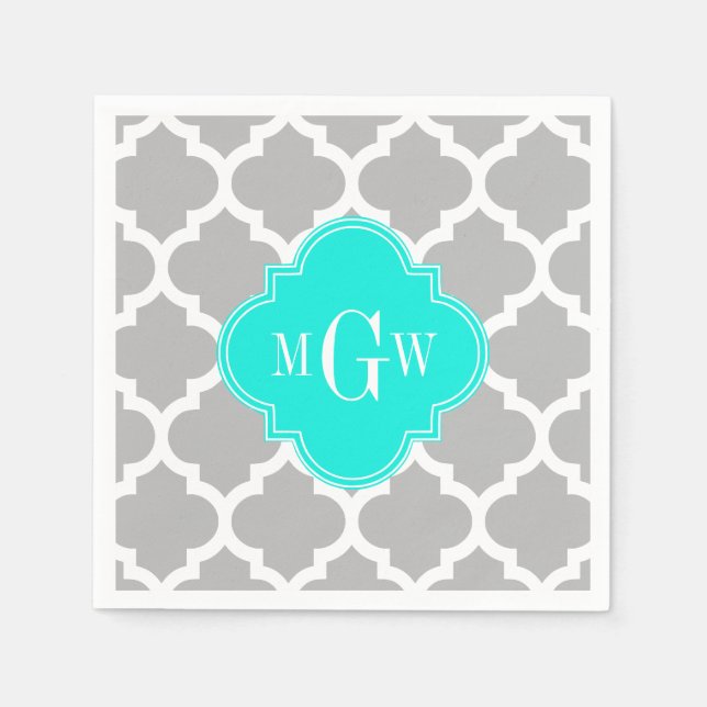 Grey White Moroccan #5 Brt Aqua 3 Initial Monogram Napkin (Front)