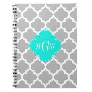 Grey White Moroccan #5 Brt Aqua 3 Initial Monogram Notebook