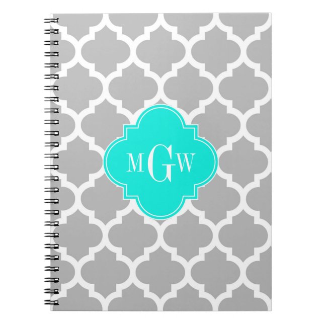 Grey White Moroccan #5 Brt Aqua 3 Initial Monogram Notebook (Front)