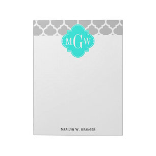 Grey White Moroccan #5 Brt Aqua 3 Initial Monogram Notepad
