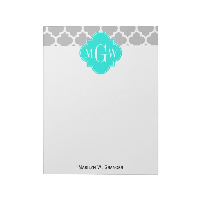 Grey White Moroccan #5 Brt Aqua 3 Initial Monogram Notepad (Rotated)