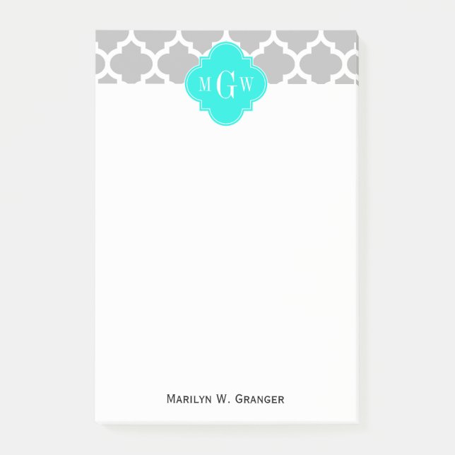 Grey White Moroccan #5 Brt Aqua 3 Initial Monogram Post-it Notes (Front)