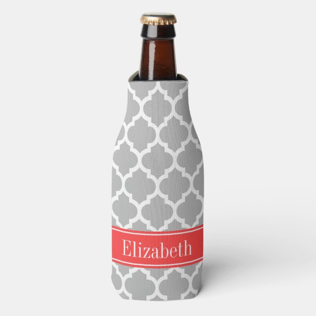 Grey White Moroccan #5 Coral Red Name Monogram Bottle Cooler (Bottle Front)
