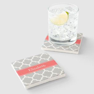 Grey White Moroccan #5 Coral Red Name Monogram Stone Coaster