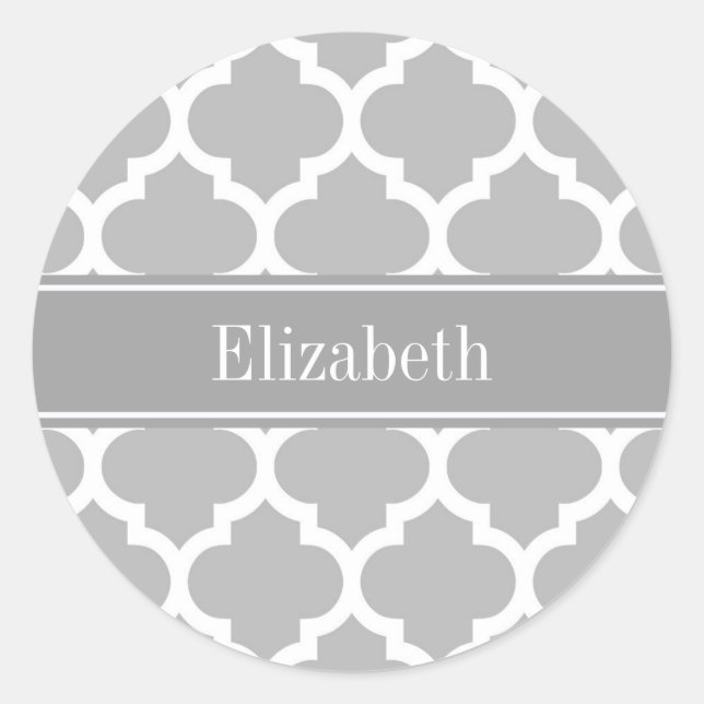 Grey White Moroccan #5 Dark Grey Name Monogram Classic Round Sticker (Front)