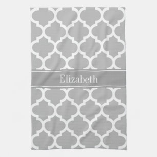 Grey White Moroccan #5 Dark Grey Name Monogram Kitchen Towel