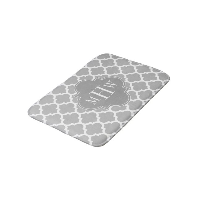 Grey White Moroccan #5 Dk Grey 3 Initial Monogram Bath Mat (Angled)