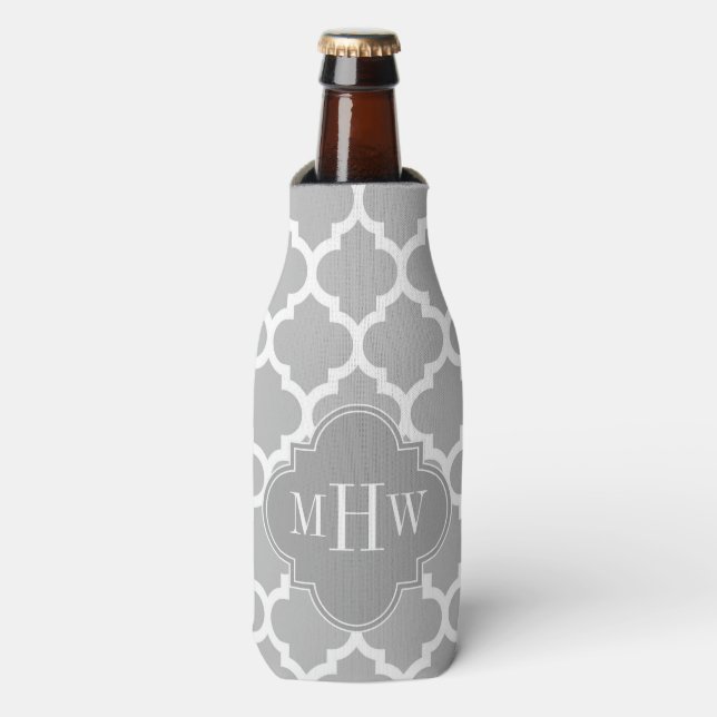 Grey White Moroccan #5 Dk Grey 3 Initial Monogram Bottle Cooler (Bottle Front)