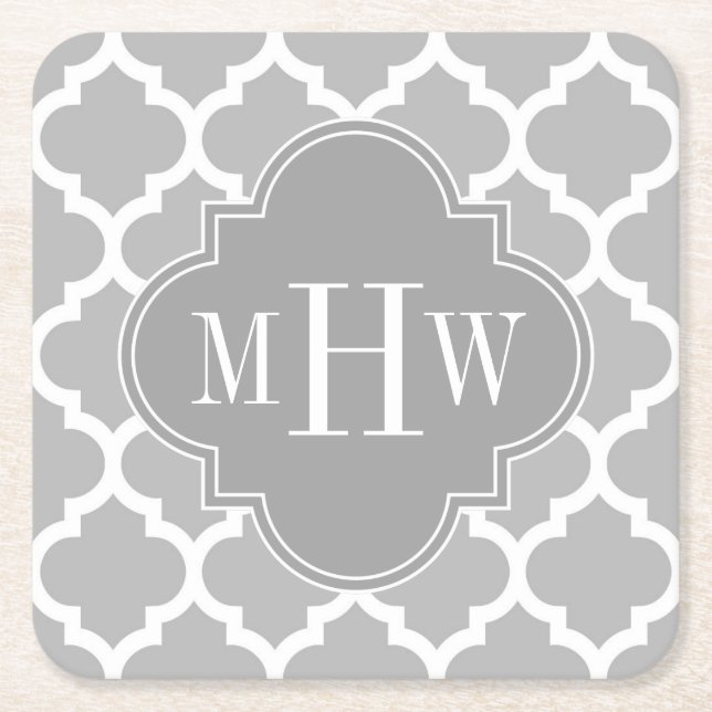 Grey White Moroccan #5 Dk Grey 3 Initial Monogram Square Paper Coaster (Front)