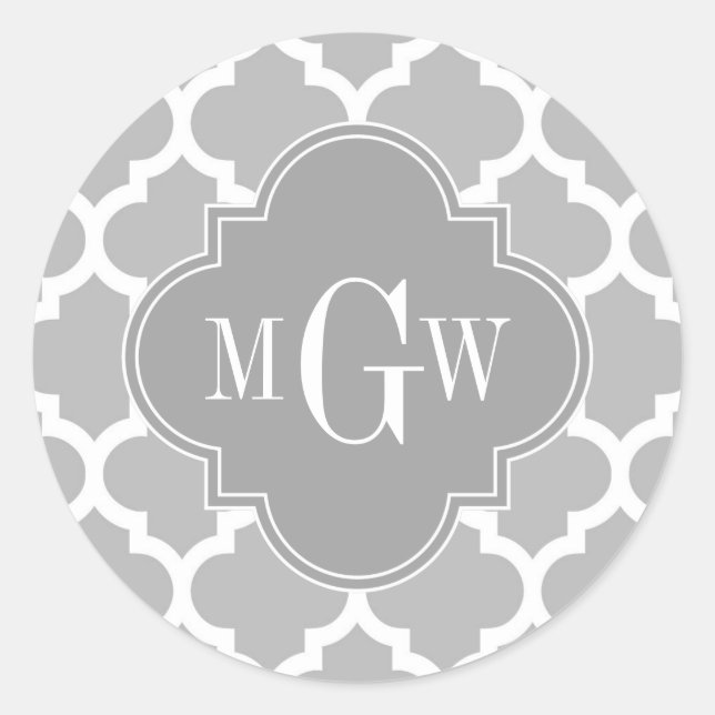 Grey White Moroccan #5 Grey 3 Initial Monogram Classic Round Sticker (Front)