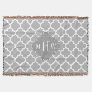 Grey White Moroccan #5 Grey 3 Initial Monogram Throw Blanket