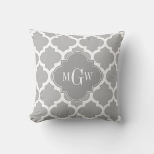 Grey White Moroccan #5 Grey 3 Initial Monogram Throw Pillow