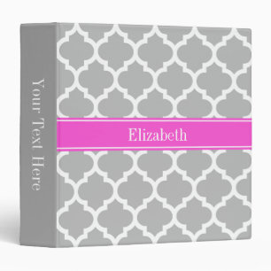 Grey White Moroccan #5 Hot Pink Name Monogram Binder