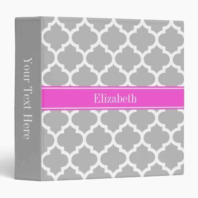 Grey White Moroccan #5 Hot Pink Name Monogram Binder (Front/Spine)