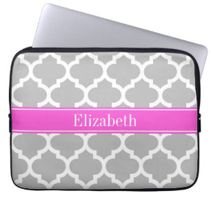 Grey White Moroccan #5 Hot Pink Name Monogram Laptop Sleeve