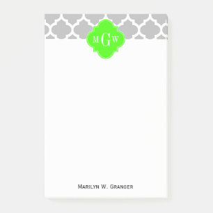 Grey White Moroccan #5 Lime Grn 3 Initial Monogram Post-it Notes