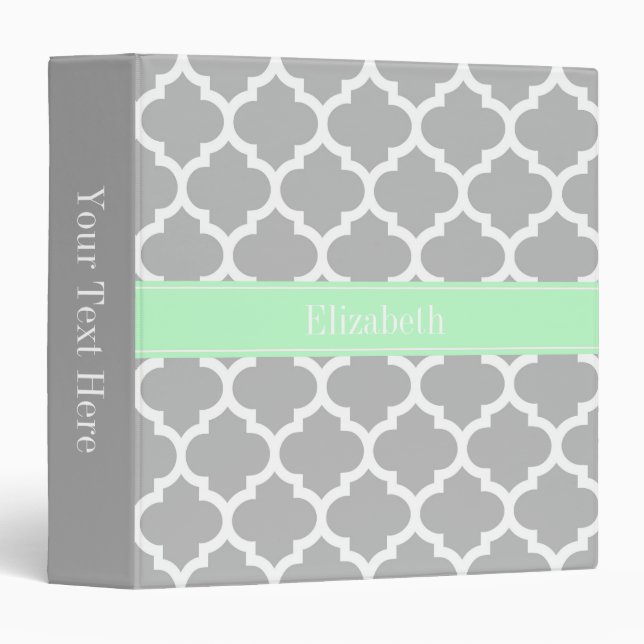 Grey White Moroccan #5 Mint Name Monogram Binder (Front/Spine)