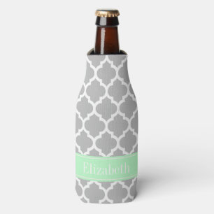 Grey White Moroccan #5 Mint Name Monogram Bottle Cooler