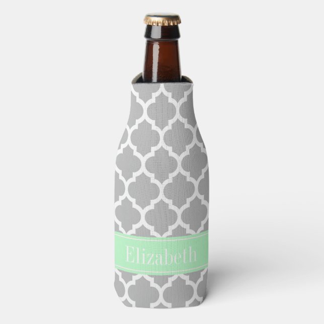 Grey White Moroccan #5 Mint Name Monogram Bottle Cooler (Bottle Front)