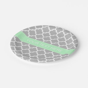 Grey White Moroccan #5 Mint Name Monogram Paper Plate