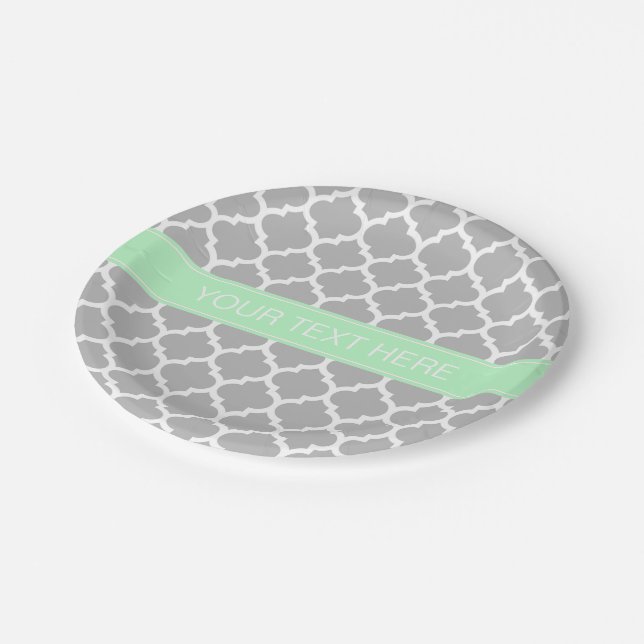Grey White Moroccan #5 Mint Name Monogram Paper Plate (Angled)