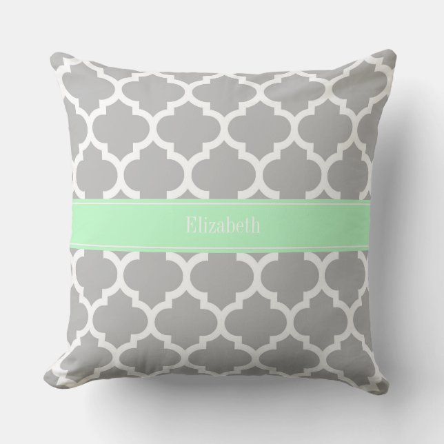 Grey White Moroccan #5 Mint Name Monogram Throw Pillow (Front)