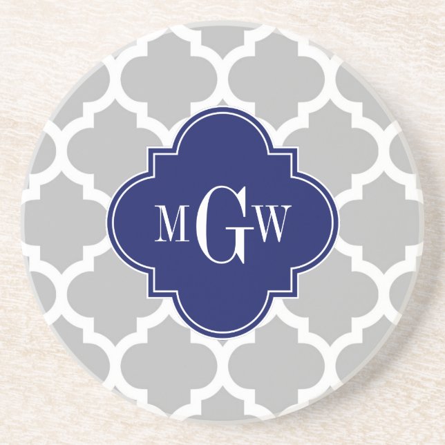 Grey White Moroccan #5 Navy 3 Initial Monogram Coaster (Front)