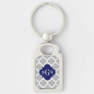 Grey White Moroccan #5 Navy 3 Initial Monogram Keychain