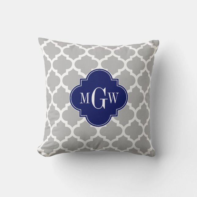 Grey White Moroccan #5 Navy 3 Initial Monogram Throw Pillow (Front)