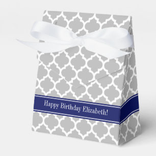 Grey White Moroccan #5 Navy Blue Name Monogram Favor Box