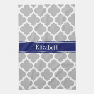 Grey White Moroccan #5 Navy Blue Name Monogram Kitchen Towel