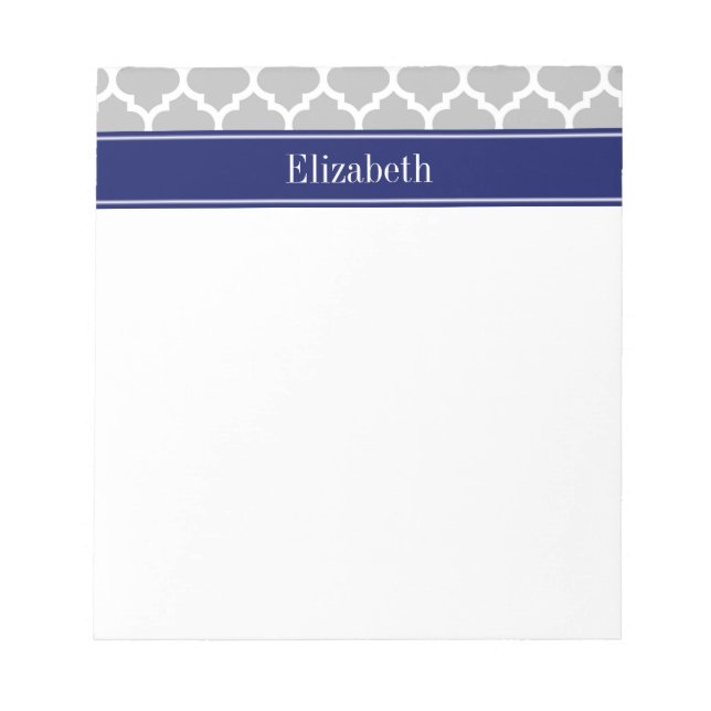 Grey White Moroccan #5 Navy Blue Name Monogram Notepad (Front)
