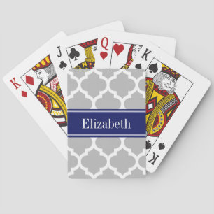 Grey White Moroccan #5 Navy Blue Name Monogram Playing Cards